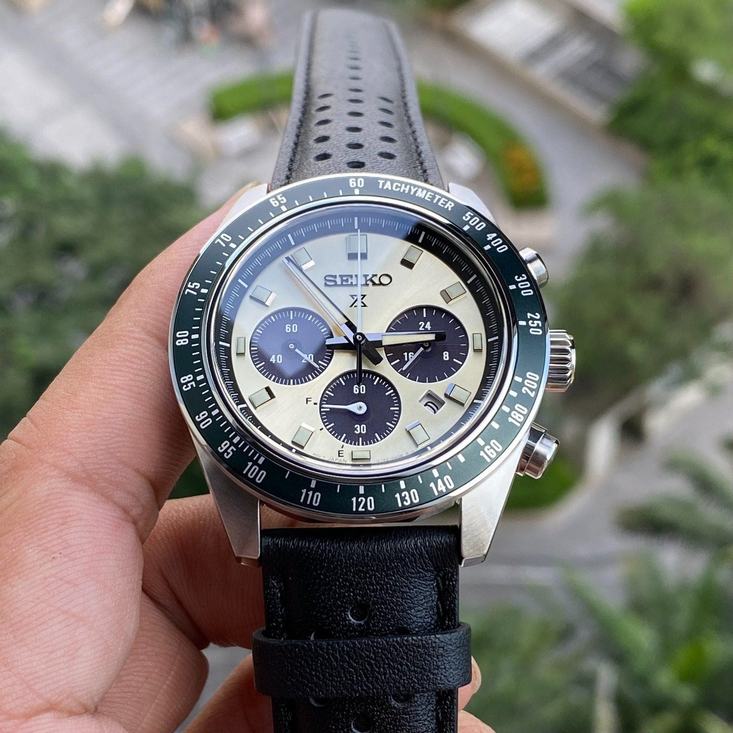 Seiko Prospex Speedtimer Solar Chronograph Ivory Dial Black Leather Strap Watch for Men - SSC943