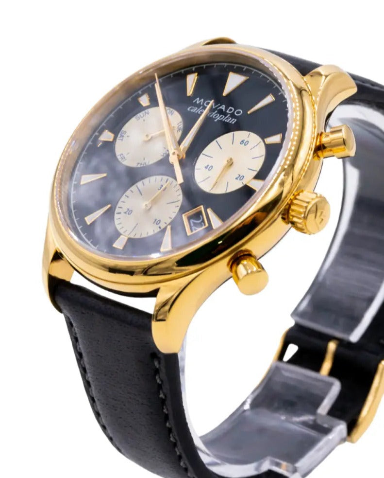 Movado Heritage Chronograph Calendoplan Blue Dial Black Leather Strap Watch for Men - 3650006