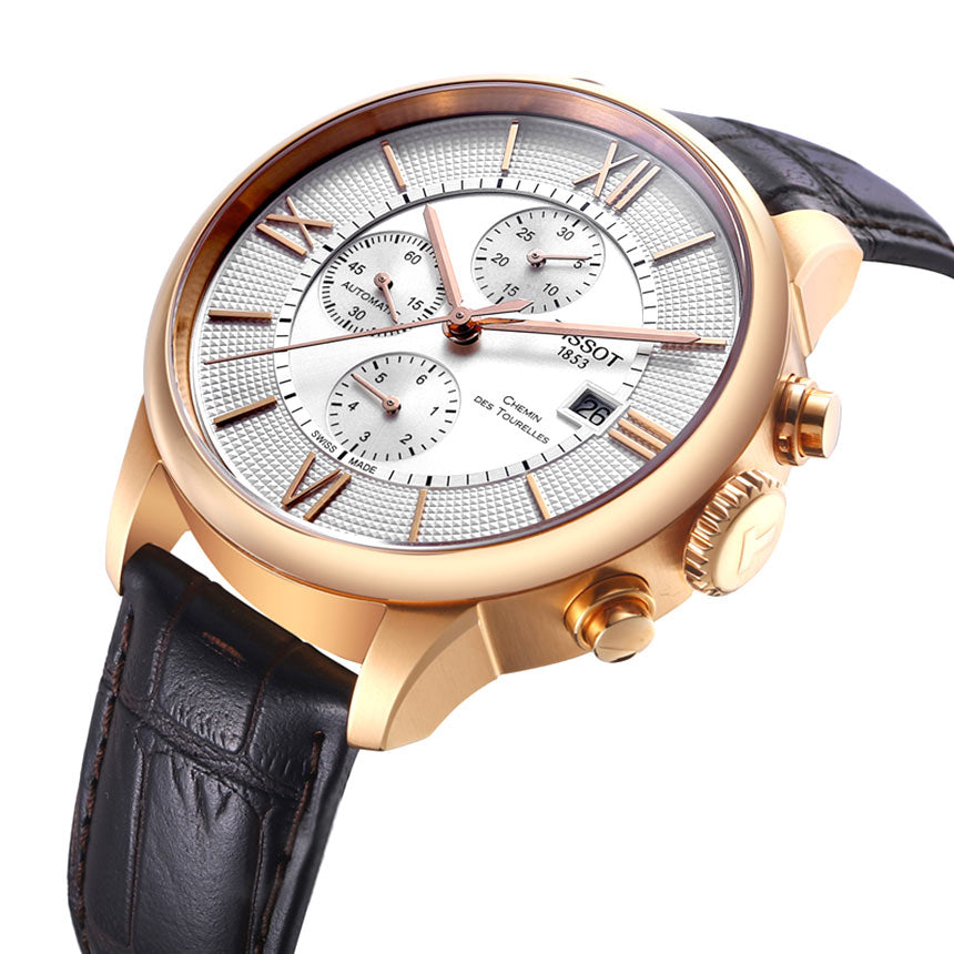Tissot Des Tourelles Chronograph Silver Dial Brown Leather Strap Watch For Men - T099.427.36.038.00