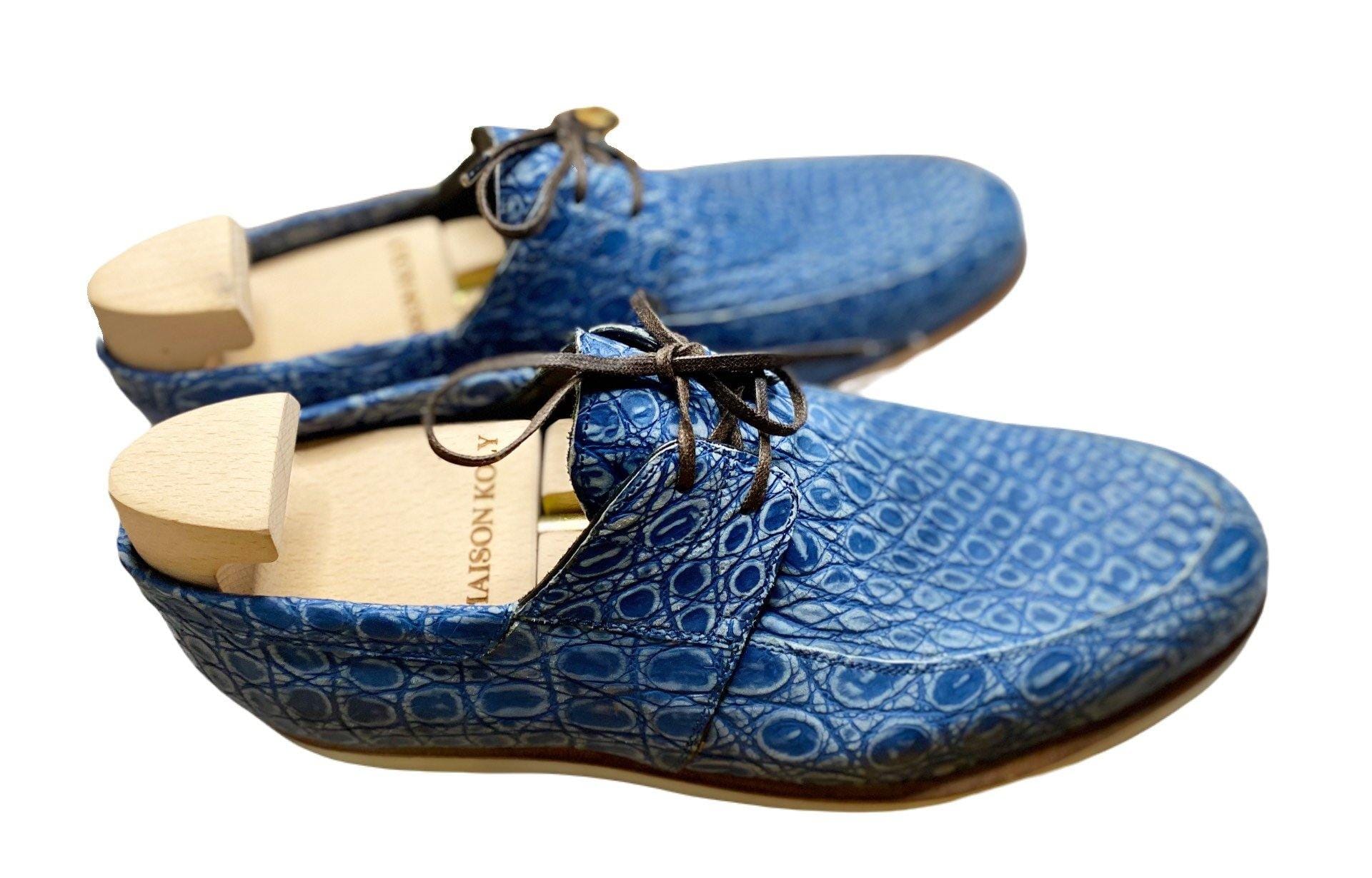 Maison Koly Zanzibar Crocodile suede Navy Boat shoes - maisonkoly.com 5 / Blue Alligator Suede Shoes