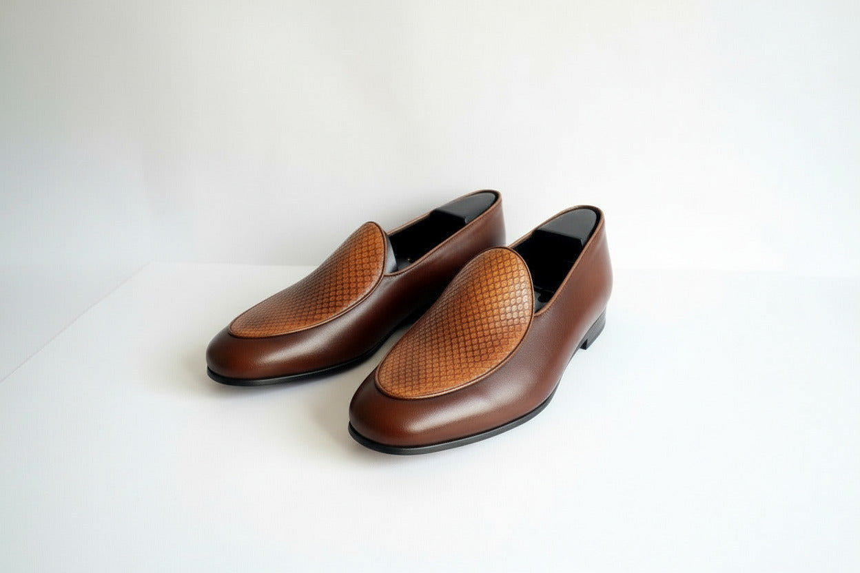 Maison Koly Farafina Snakeskin Loafers: Museum Brown Casual