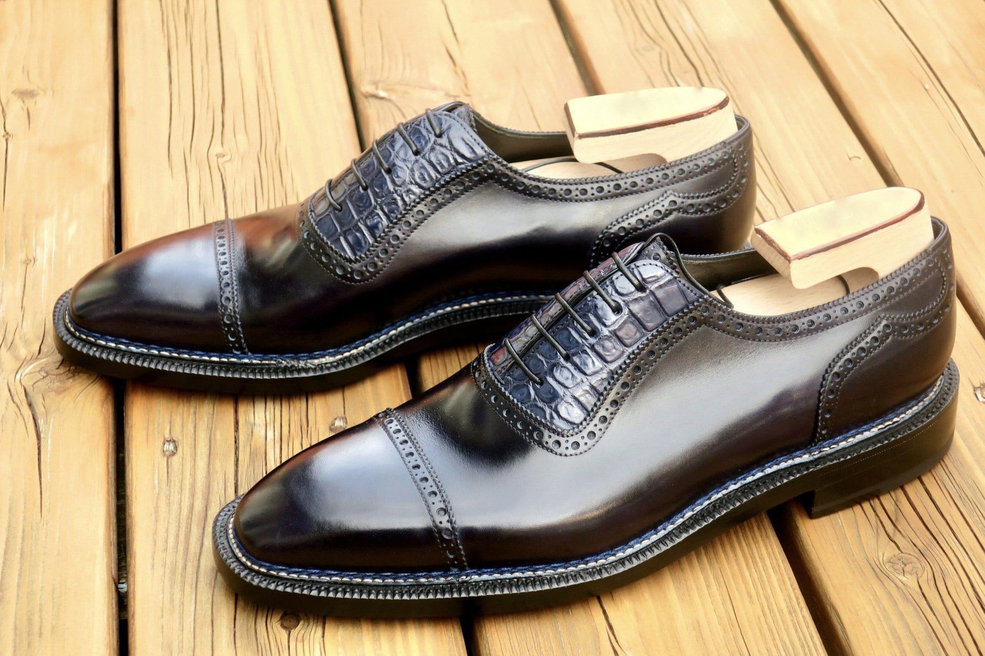 Maison Koly Croxford Norwegian Oxfords Deep Blue Museum and Alligator - maisonkoly.com Shoes