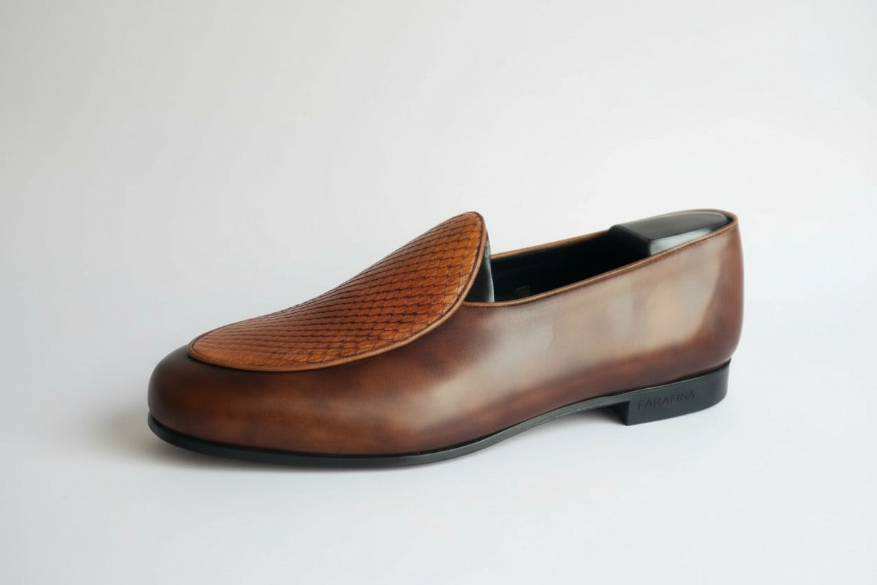 Maison Koly Farafina Snakeskin Loafers: Museum Brown Casual