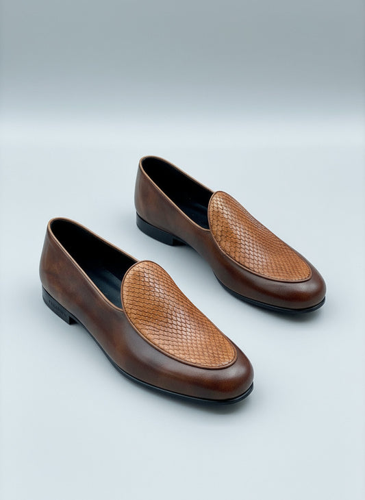 Maison Koly Farafina Snakeskin Loafers: Museum Brown Casual