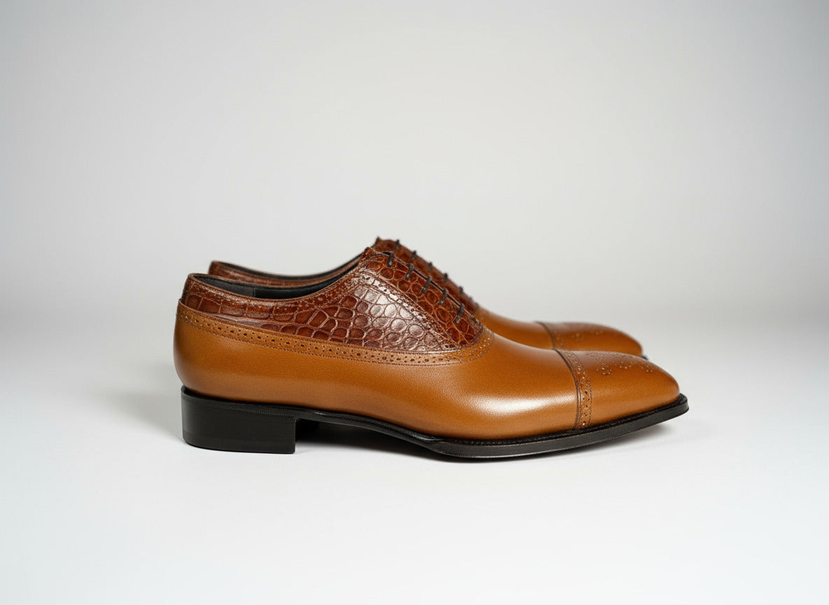 Maison Koly Le Bourget Oxfords Brown Vitello Box Calf and Alligator by maisonkoly.com