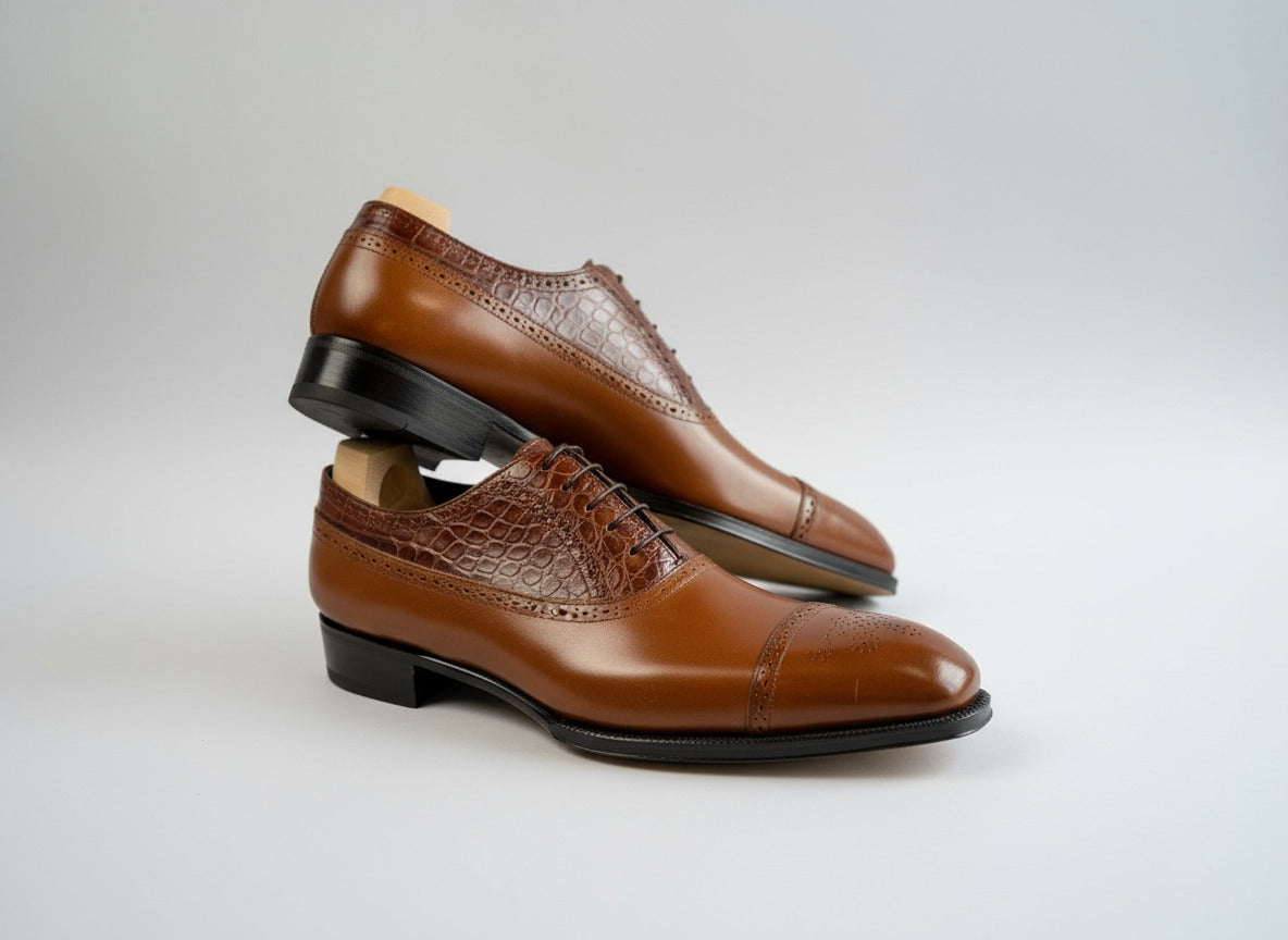Maison Koly Le Bourget Oxfords Brown Vitello Box Calf and Alligator by maisonkoly.com