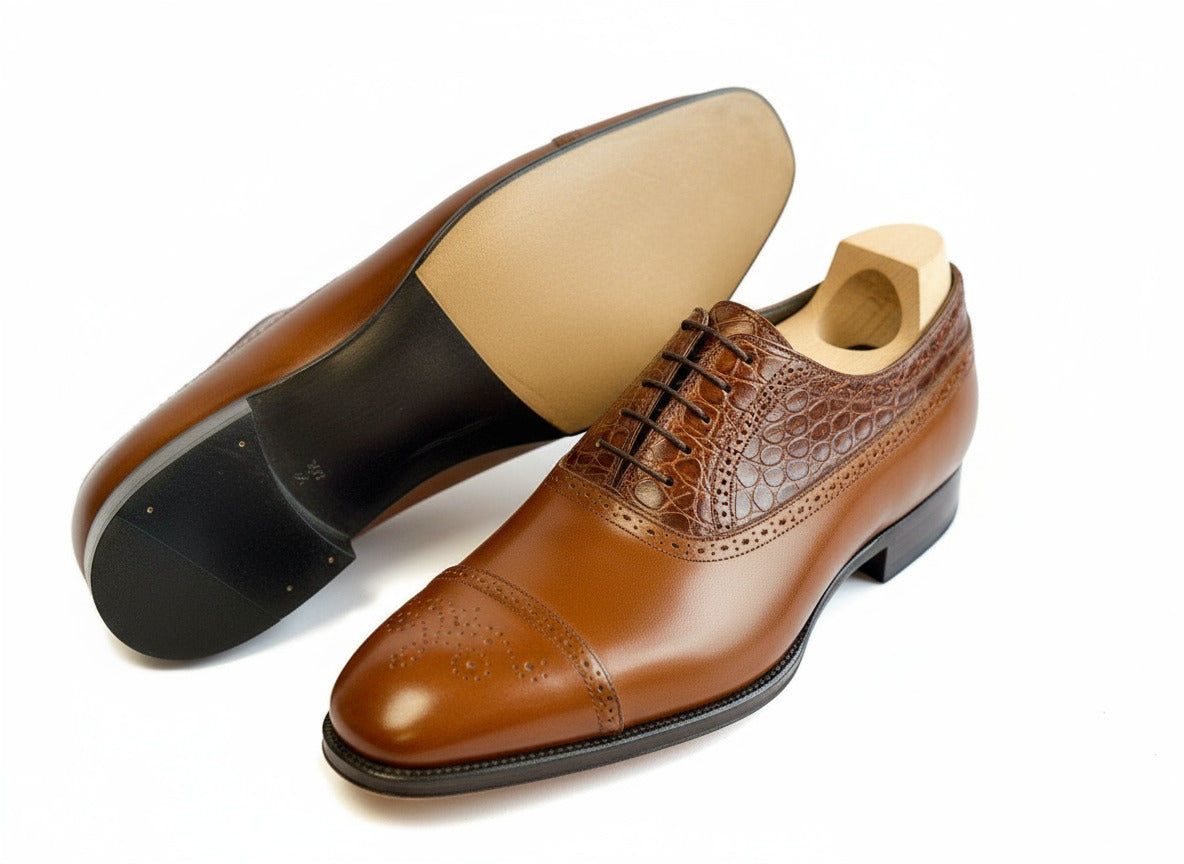 Maison Koly Le Bourget Oxfords Brown Vitello Box Calf and Alligator by maisonkoly.com