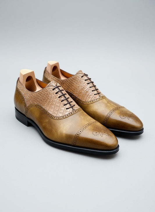 Maison Koly Magnat Oxfords Khaki Museum leather and Alligator by maisonkoly.com