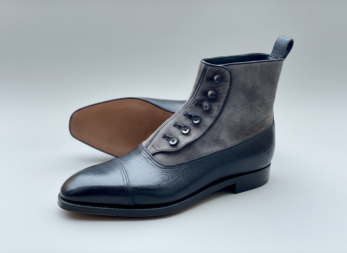 Maison Koly Benjamin Button Boots Grey Suede and BlacK Kudu by maisonkoly.com