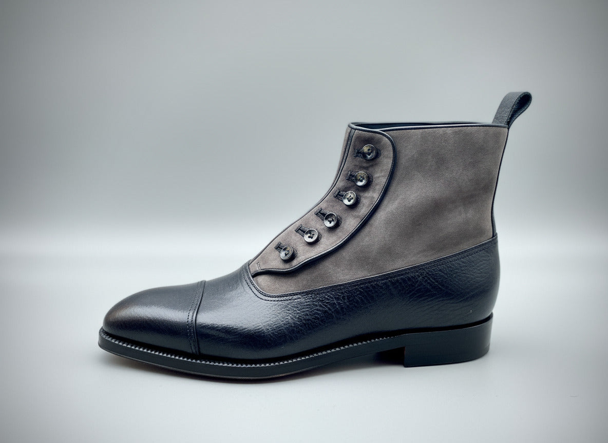 Maison Koly Benjamin Button Boots Grey Suede and BlacK Kudu by maisonkoly.com