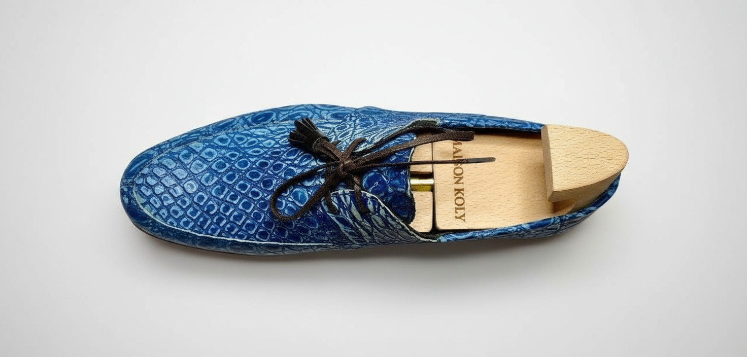 Maison Koly Zanzibar Crocodile suede Navy Boat shoes by maisonkoly.com