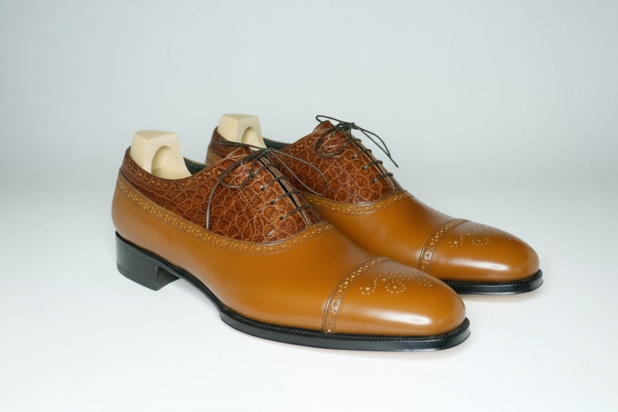 Maison Koly Le Bourget Oxfords Brown Vitello Box Calf and Alligator by maisonkoly.com